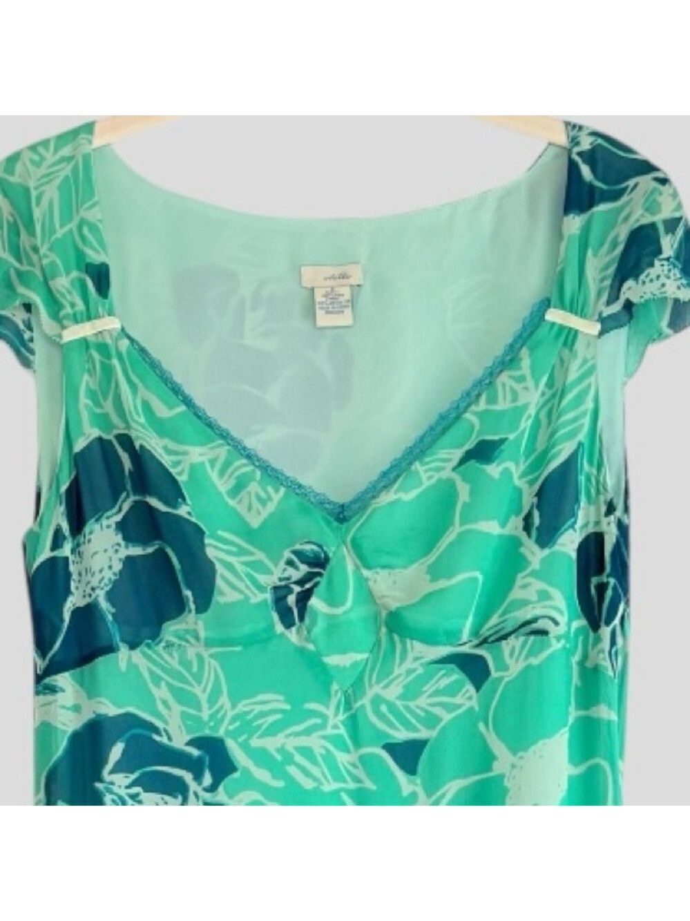 Odille 100% Silk Drop Waist Dress 6 Teal Floral Velvet Lace 90s Y2K Whimsigoth - Picture 6 of 15
